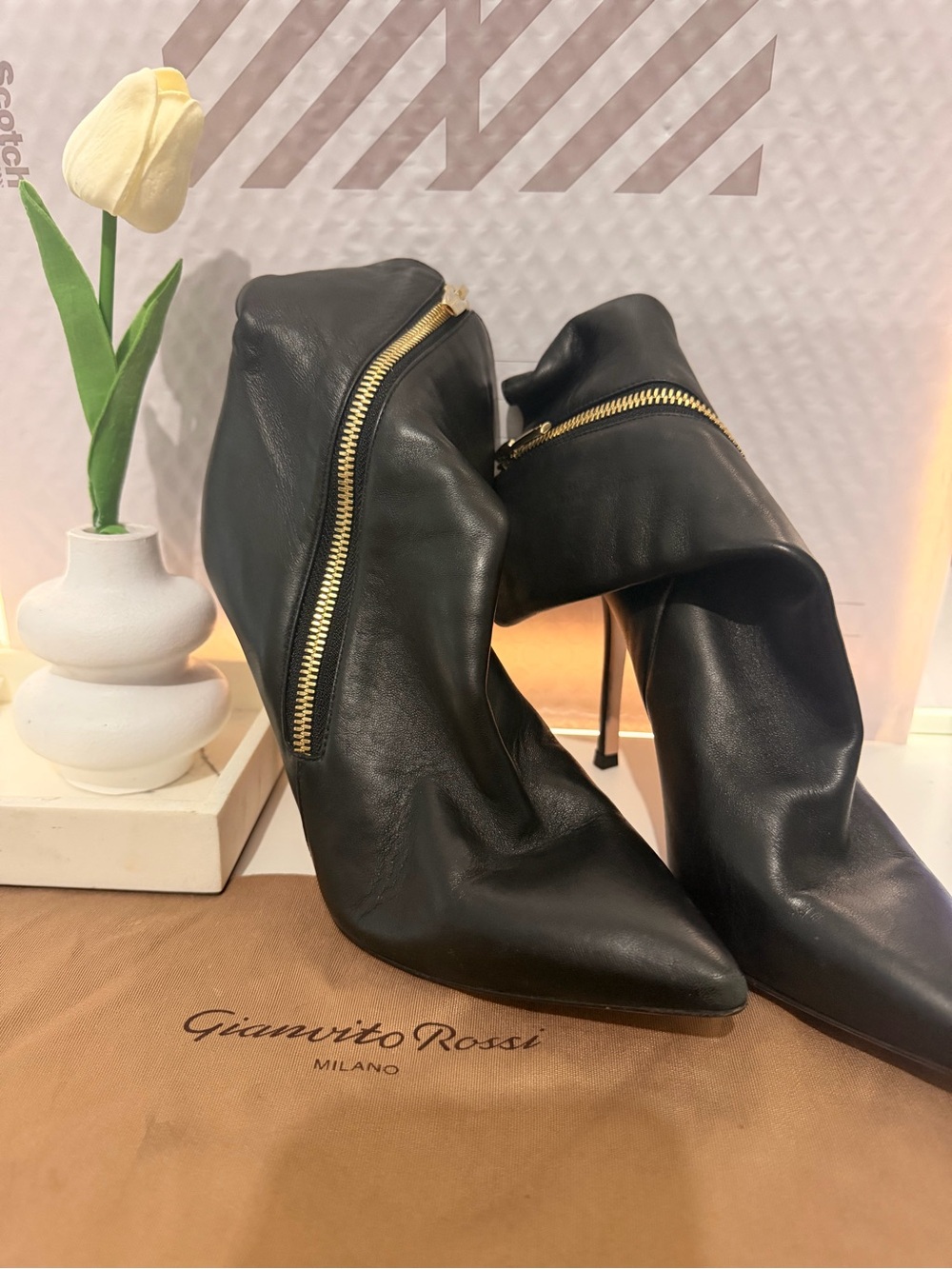 Gianvito Rossi Black Leather Pointed Stiletto Ankle Boots with Gold Zip